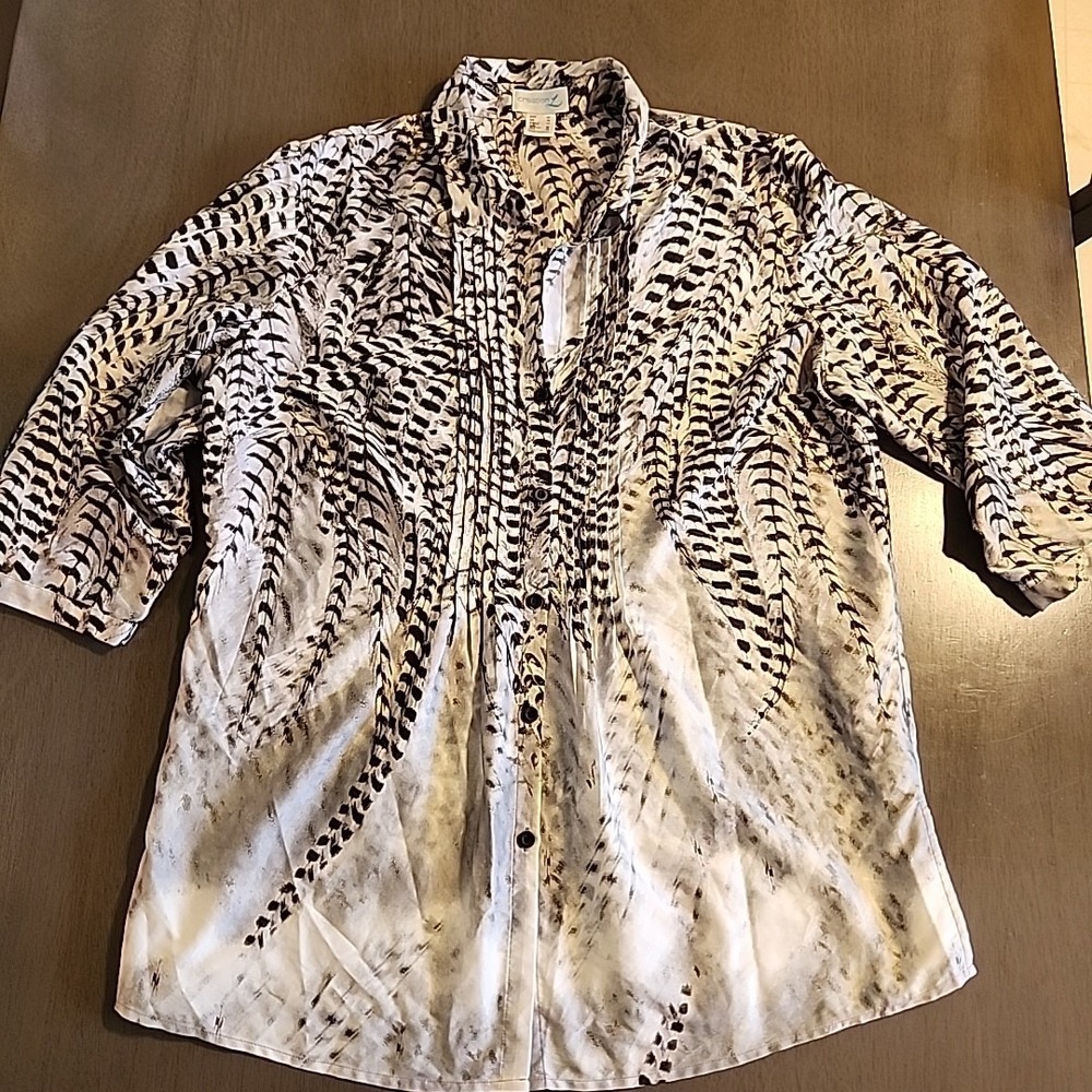 Black Feather Print Button Blouse Creation L Women Size 12 Pintuck Chic Shirt XL